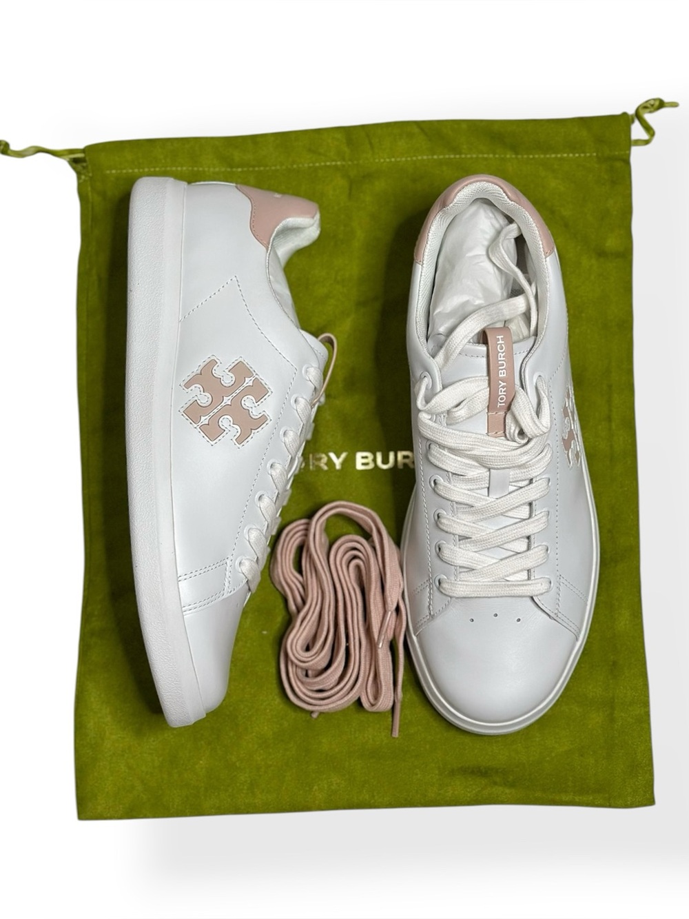 NEW TORY BURCH Double T Howell Court Leather Sneakers, White/Pink, 10.5 (US)